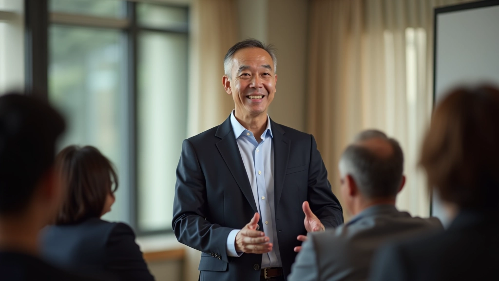 Training facilitator working with small group of professionals on presentation skills in comfortable workshop space