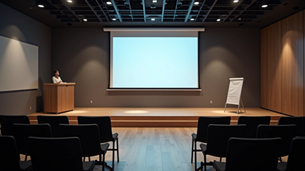 Professional presentation space with screen and presentation equipment for practicing public speaking