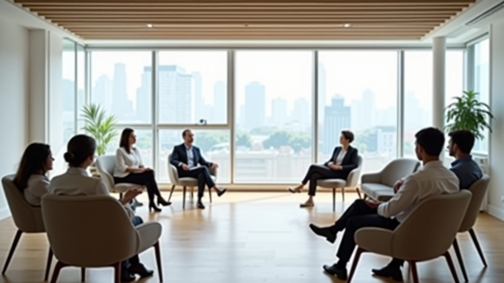 Modern bright workshop training room with comfortable seating arranged in circle for interactive learning