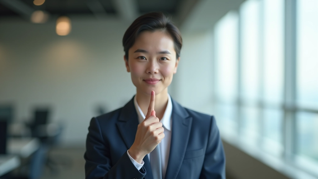 Person taking deep breath before presentation, calm focused expression in modern office setting