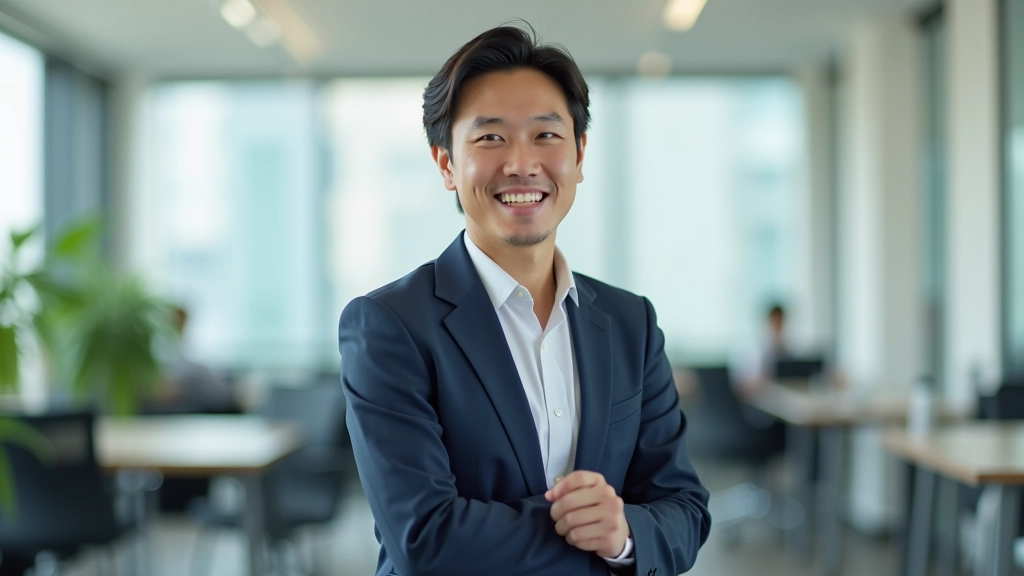 Person standing with proper posture, shoulders back and relaxed, feet shoulder-width apart, confident stance in bright modern office