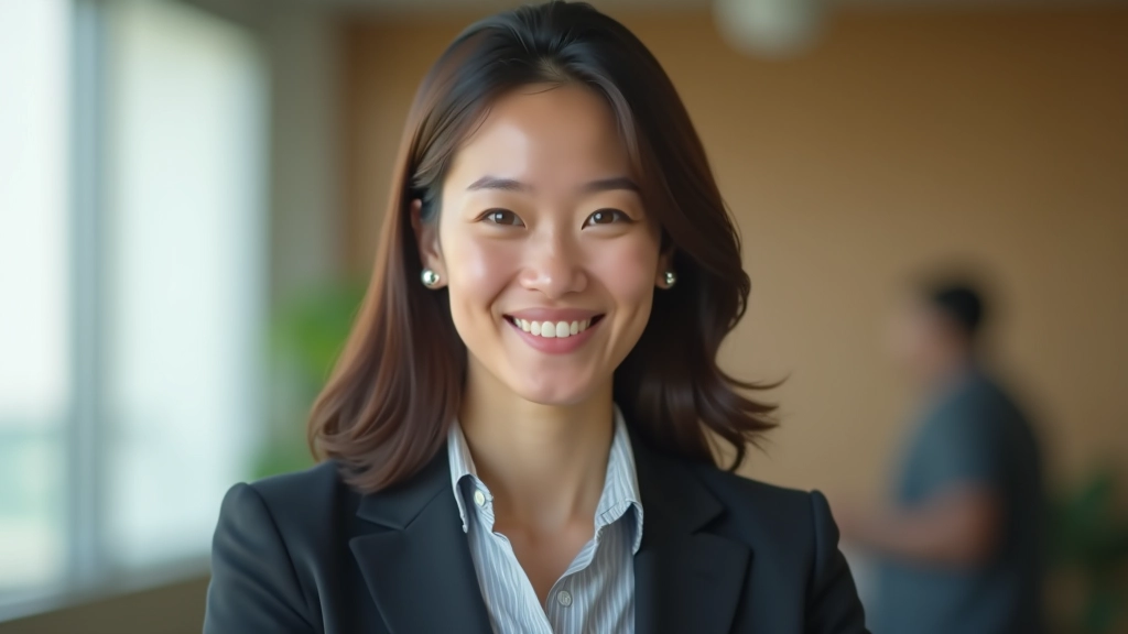 Person in a professional setting with relaxed shoulders and open body language, genuine smile, engaged expression in conversation