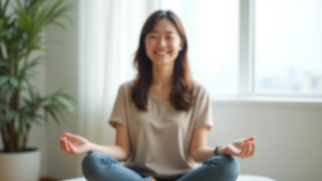 Close-up of person in meditation pose, hands resting on knees, peaceful expression, calm indoor setting