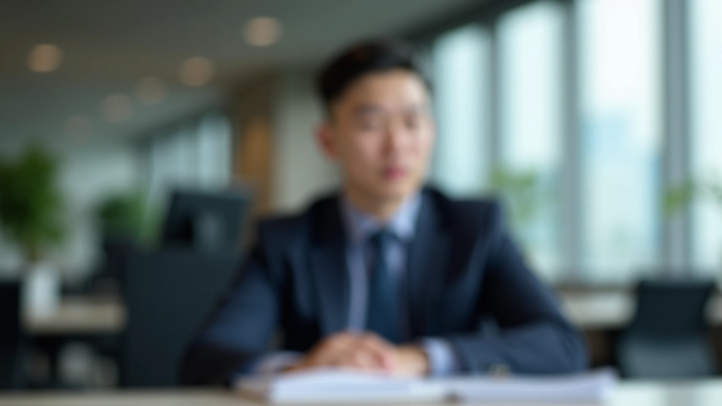 Person looking at something with focused attention, hands on desk, notepad visible, concentrated expression in professional workspace