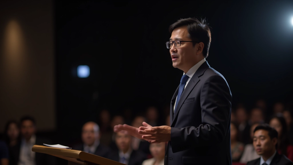 Person speaking with clear vocal projection and controlled pace in presentation room with audience