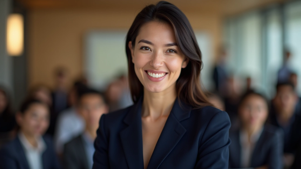 Professional woman speaking with confidence in presentation setting, engaged audience visible