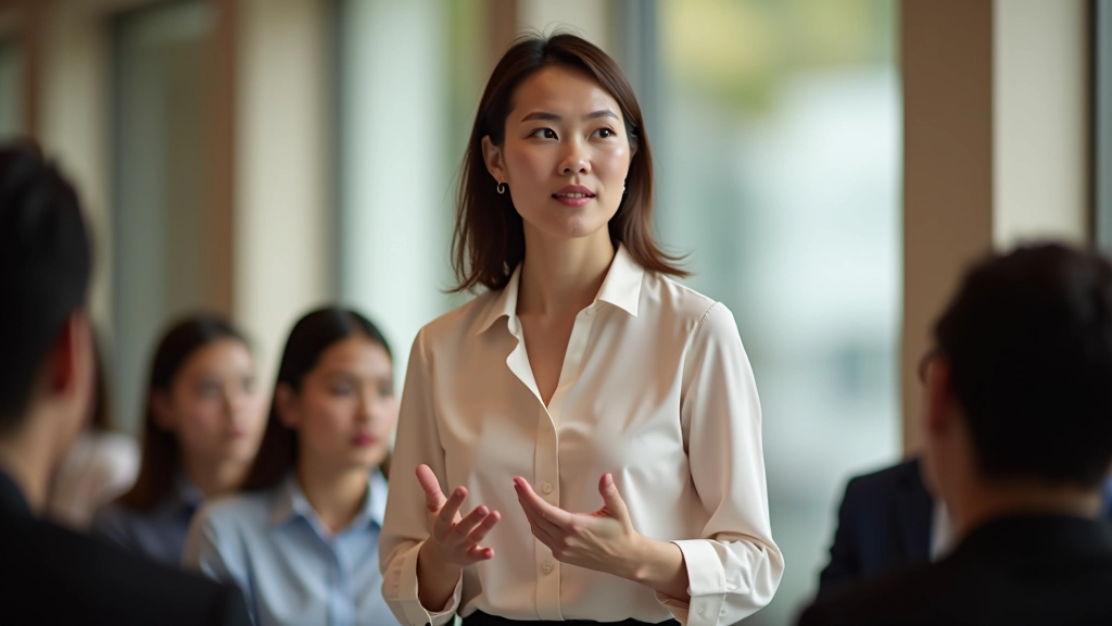 Woman practicing self-introduction with confident posture in small group workshop setting