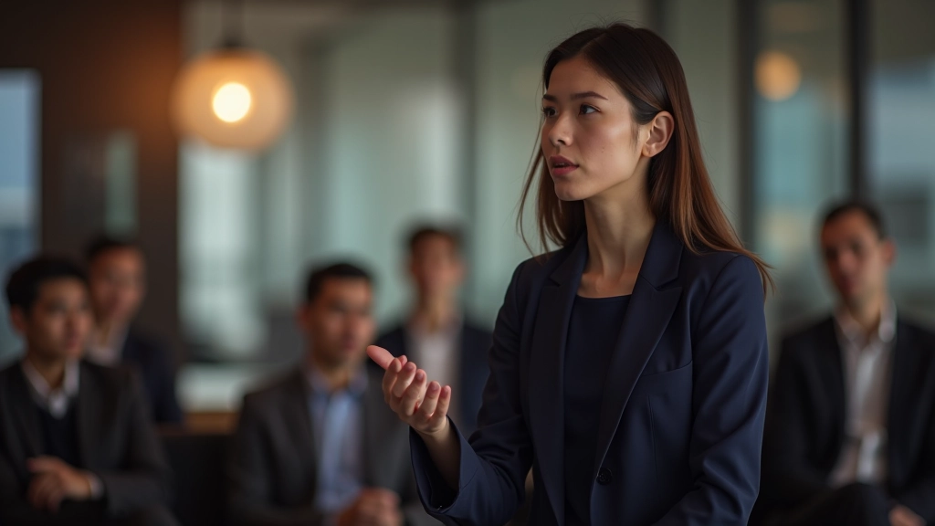 Professional woman in business attire speaking confidently at a corporate networking event with colleagues in background