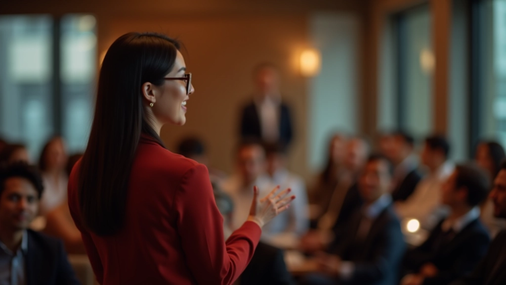 Professional woman speaking at a business conference